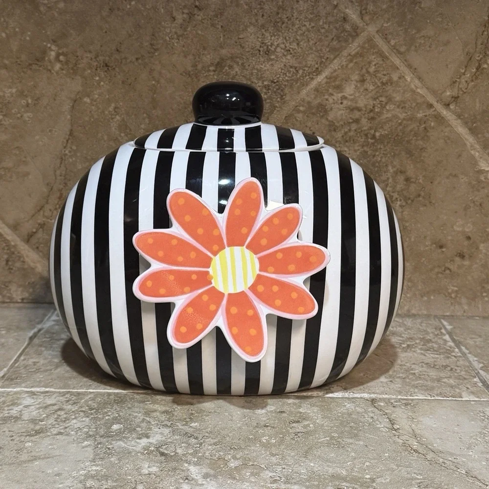 Happy Everything! Black Stripe Mini Cookie Jar w/ Orange Daisy Mini Attachment